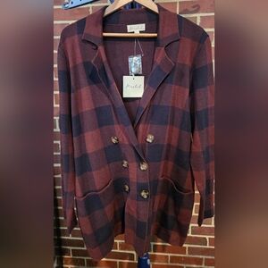 Marled Soft Knit Womans Double Breasted Buffalo Plaid Blazer NWT Sz Large